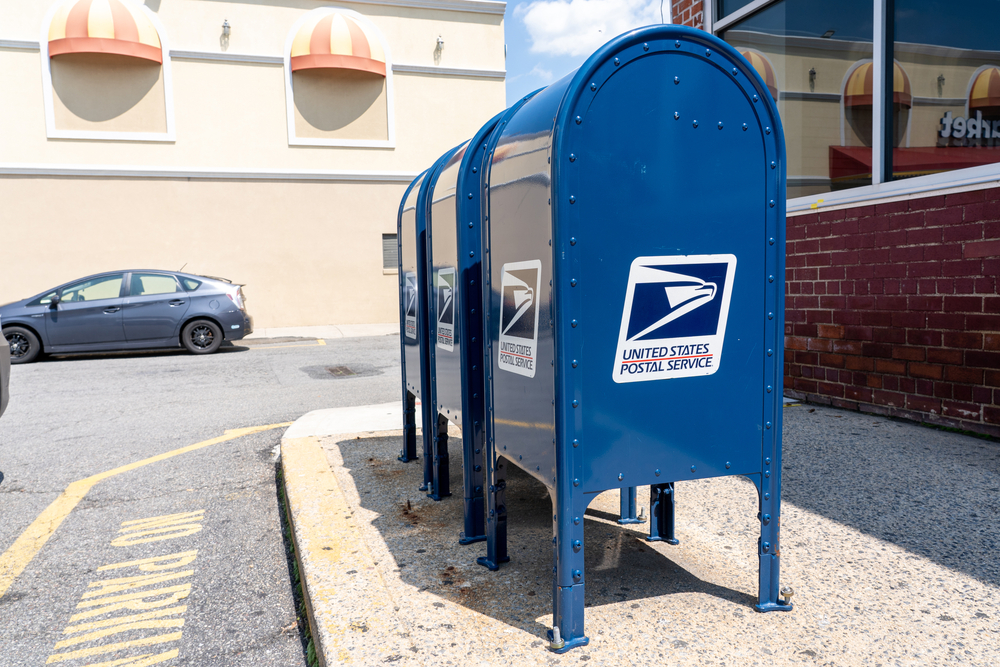 United States Postal Service (USPS) collection box seen on the street in Long Island City