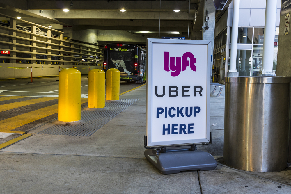 Ride sharing companies Lyft and Uber pickup spot at the airport.