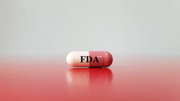 A red and white drug capsule labeled FDA
