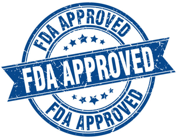 A blue stamp with the words FDA APPROVED