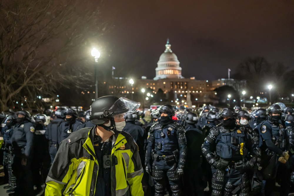 State Army and MPDC Police were protecting and trying to disperse all crowds in front of the Capitol building on January 6th in 2021, Washington DC, USA.