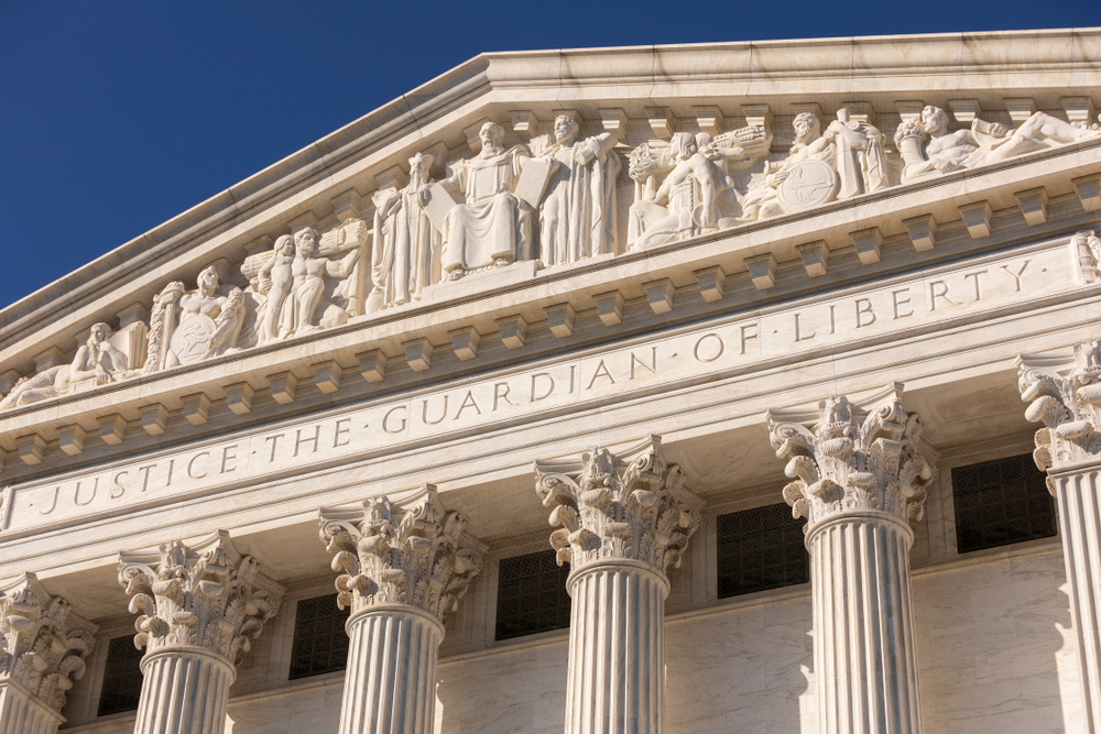 United States Supreme Court building, rear. Justice The Guardian of Liberty engraving.