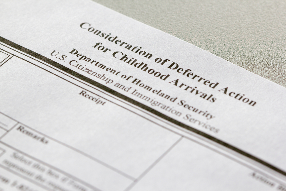 Closeup of USCIS Form I-821D, Consideration of Deferred Action for Childhood Arrivals.