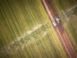 Aerial view of farming tractor spraying on field with sprayer, herbicides and pesticides at sunset.