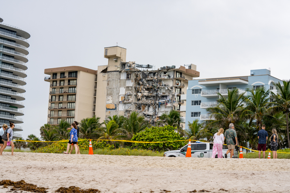 Miami Beach, FL, USA - June 24, 2021: aftermath of the Champlain Towers collapse this morning showing building rubble