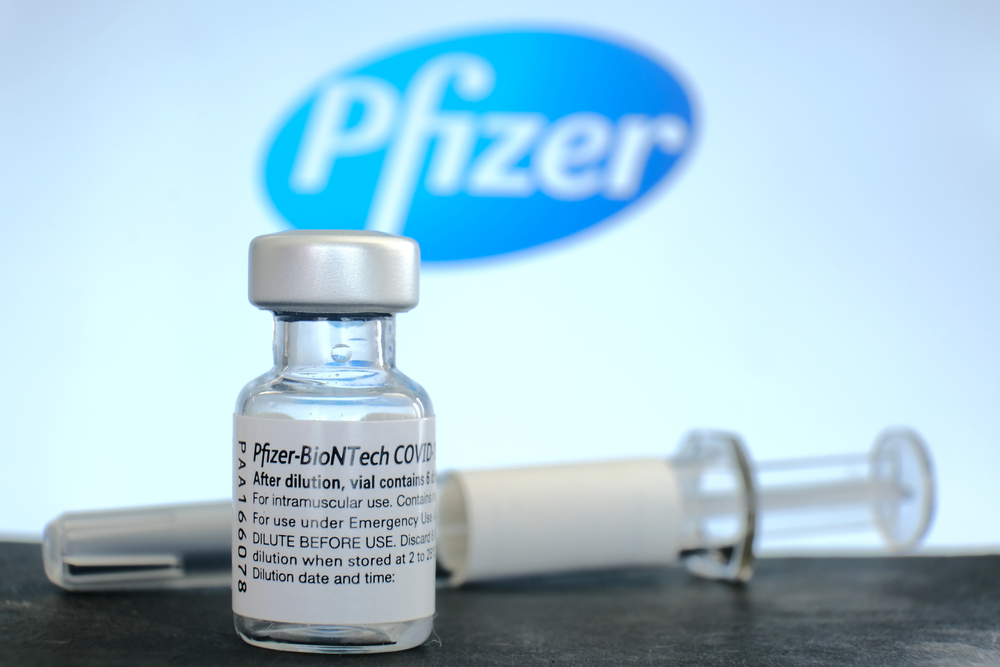 Bottle of Pfizer-BioNTech Covid-19 vaccine with Pfizer trademark