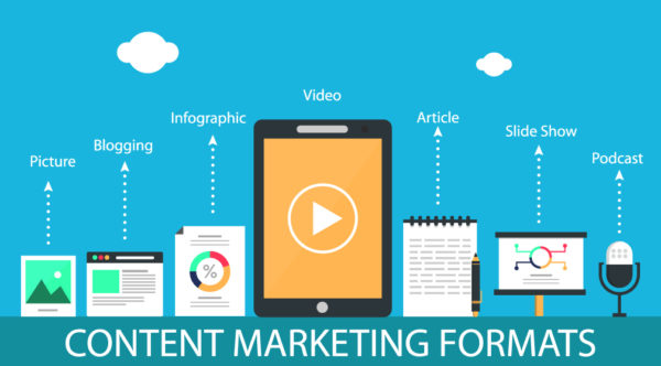 types of contents for digital marketing including videos, slide, podcast, article isolated on blue background