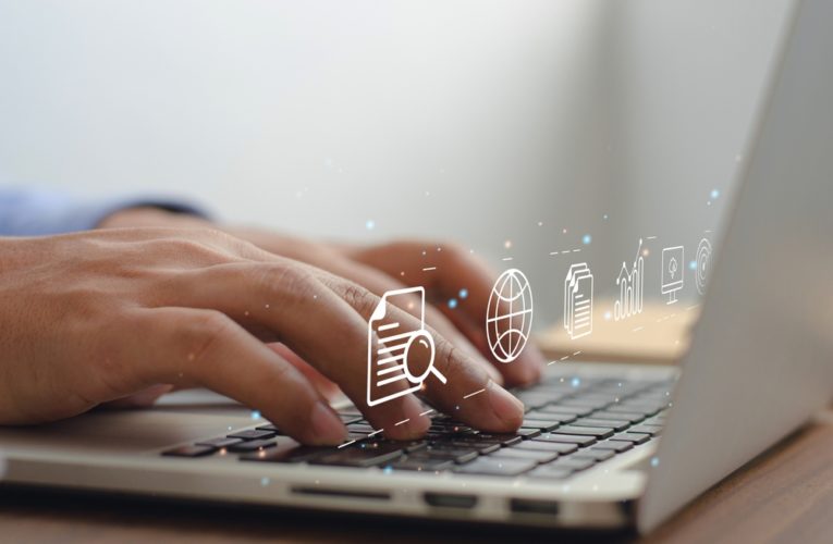 business people using computers in content marketing concept with human hands using smart computers on computer screen background