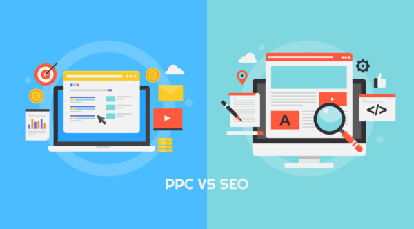 Comparison between PPC and SEO - Concept of Pay per click vs Search engine optimization flat banner