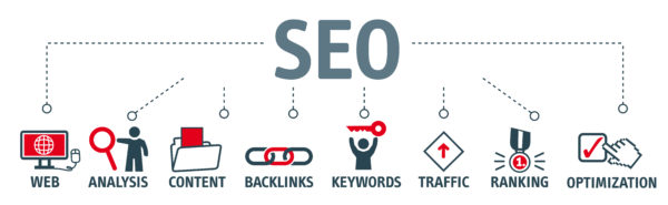 Banner SEO search engine optimization concept. Keywords and pictogram