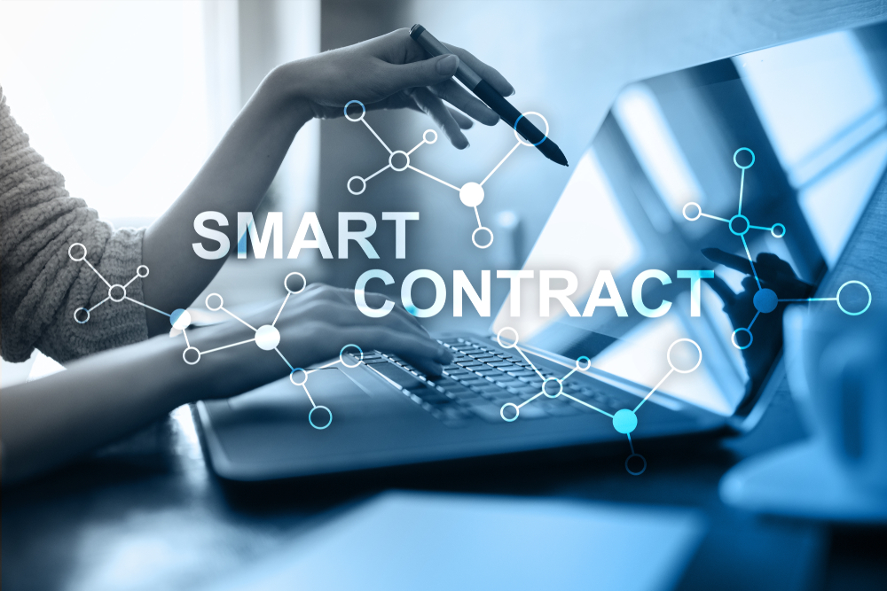 Smart contract, blockchain in modern business technology.