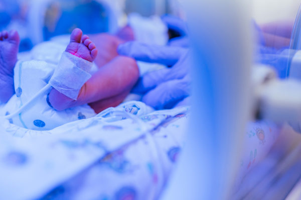 Three-day-old newborn baby in intensive care unit in a medical incubator.
