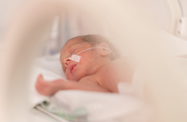 Premature newborn baby girl in the hospital incubator