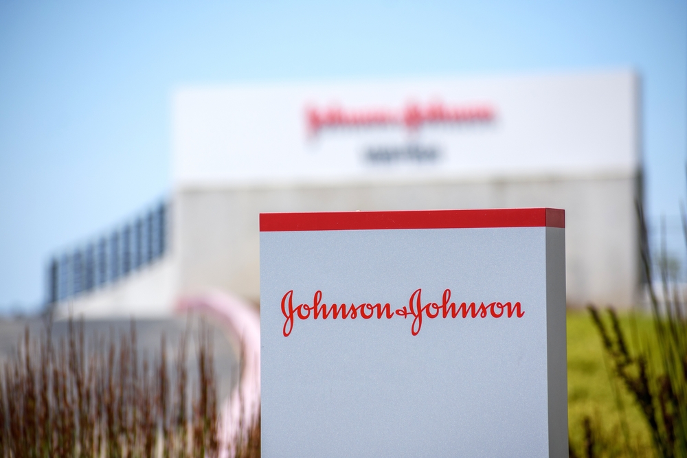 Johnson and Johnson sign, logo at an American multinational corporation office.