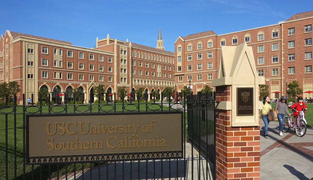 Sign at the campus entrance to USC, the University of Southern California