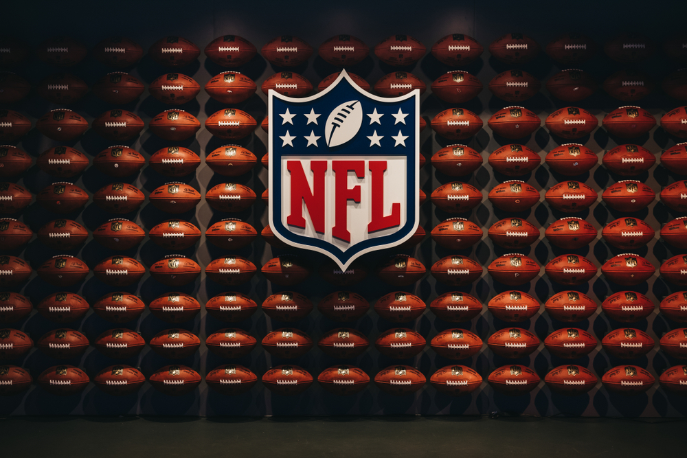 Rows of american football balls in NFL Experience in Times Square