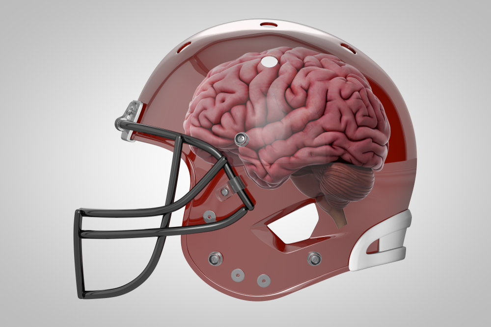 3D Rendering of Football Helmet showing brain inside