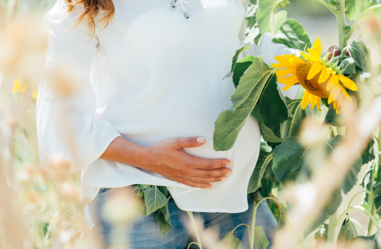 pregnant woman holding her belly with her hands in a white blouse on sunflowers.