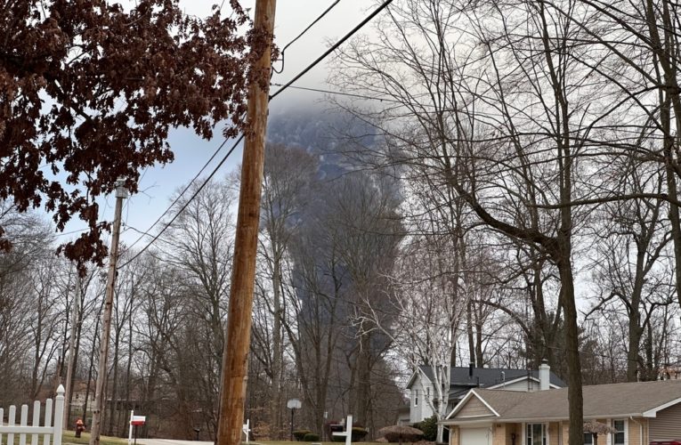 EAST PALESTINE, OH - Circa Feb 2023: The rising smoke cloud after authorities released chemicals from a train derailment as seen from the ground in a nearby neighborhood.