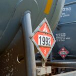 Selective Focus of Flammable Hazardous Materials Sign (class 3) on Railroad Tank Car