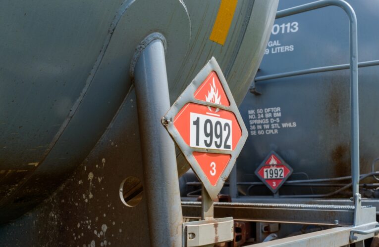 Selective Focus of Flammable Hazardous Materials Sign (class 3) on Railroad Tank Car