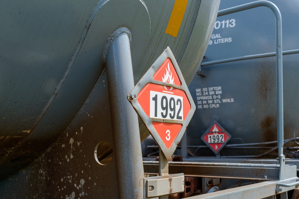 Selective Focus of Flammable Hazardous Materials Sign (class 3) on Railroad Tank Car