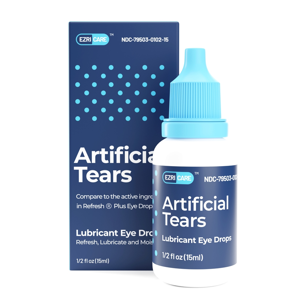 EzriCare Artificial Tears bottle and box 3d render on white background