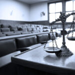 scales of justice in a courtroom grey and white