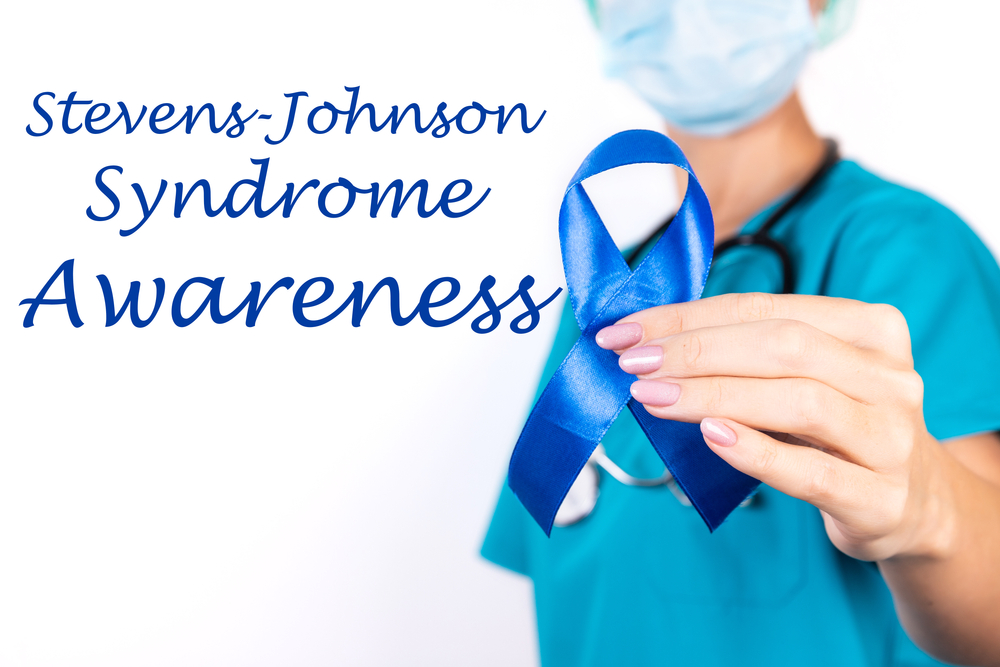 Stevens Johnson syndrome awareness: doctor in blue clothes with a blue ribbon in her hand