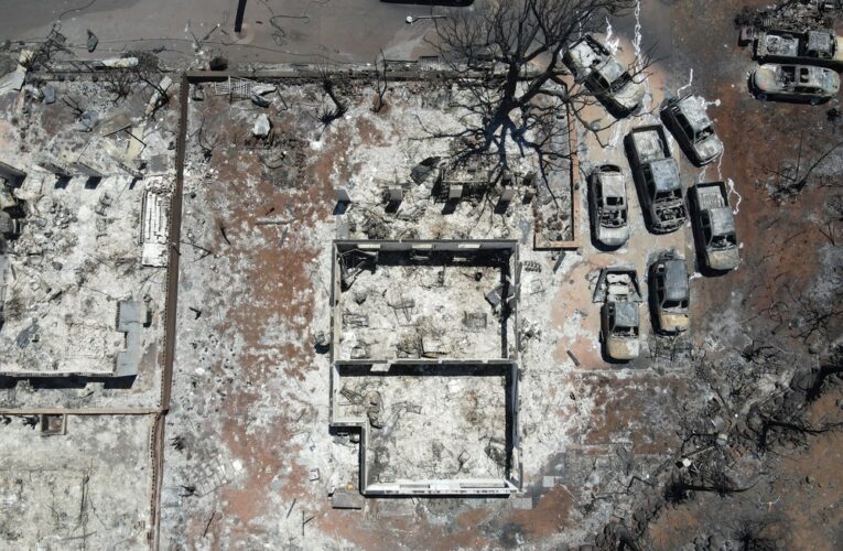 Aerial view of fire damaged Lahaina, HI