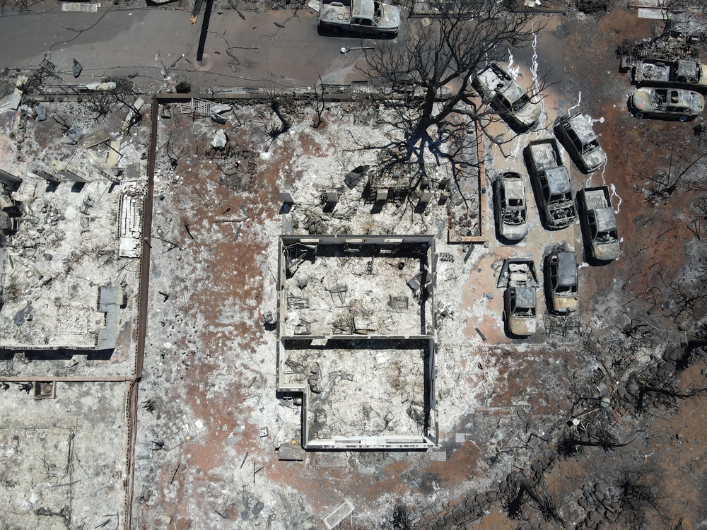 Aerial view of fire damaged Lahaina, HI