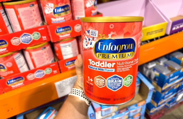 person holding Enfagrow Premium Toddler Nutritional Drink powder in aisle at store
