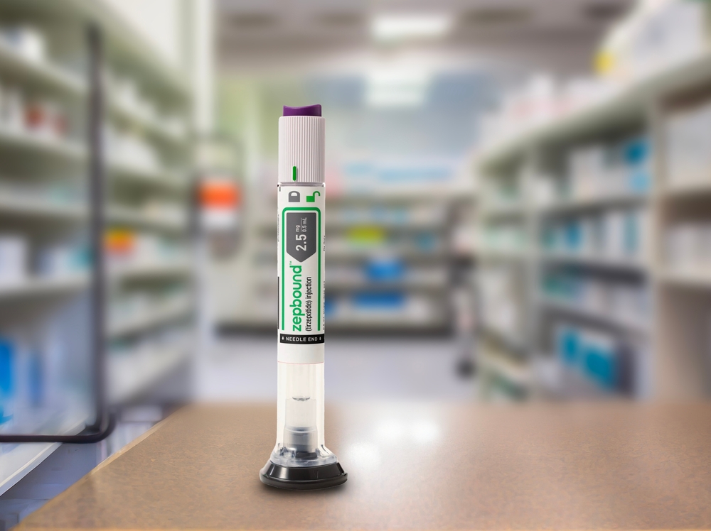 Eli Lilly's Zepbound injection pen on a counter in a pharmacy