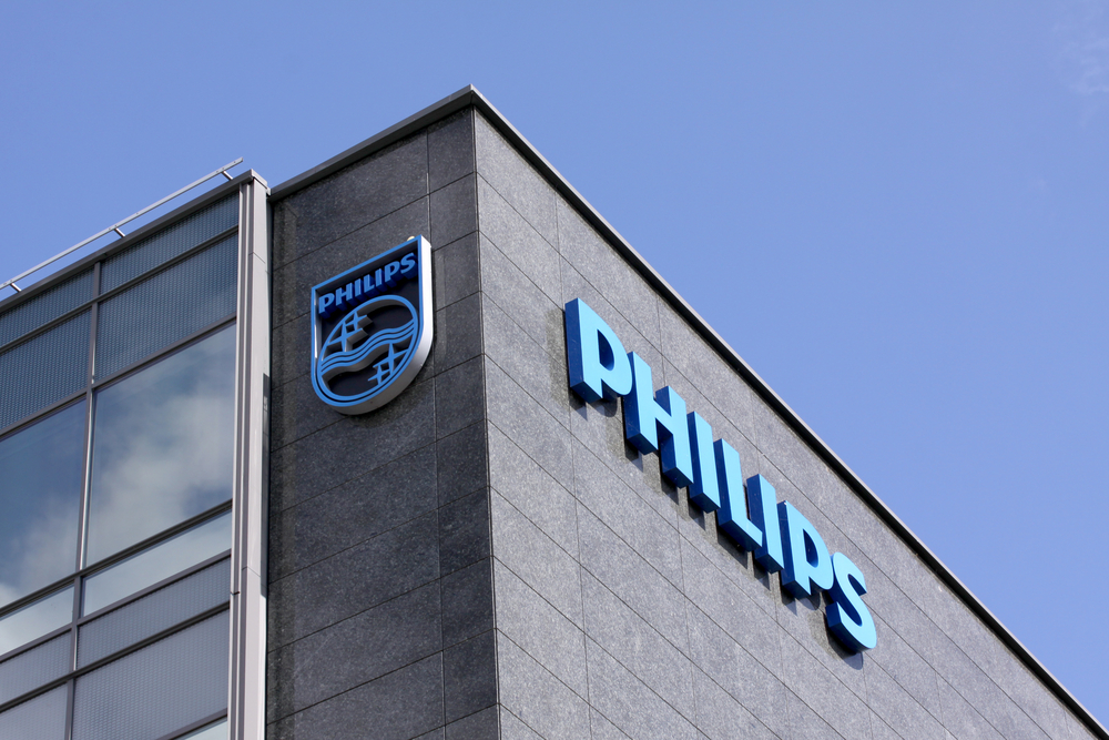 Philips company logo on the side of the headquarters building in copenhagen denmark