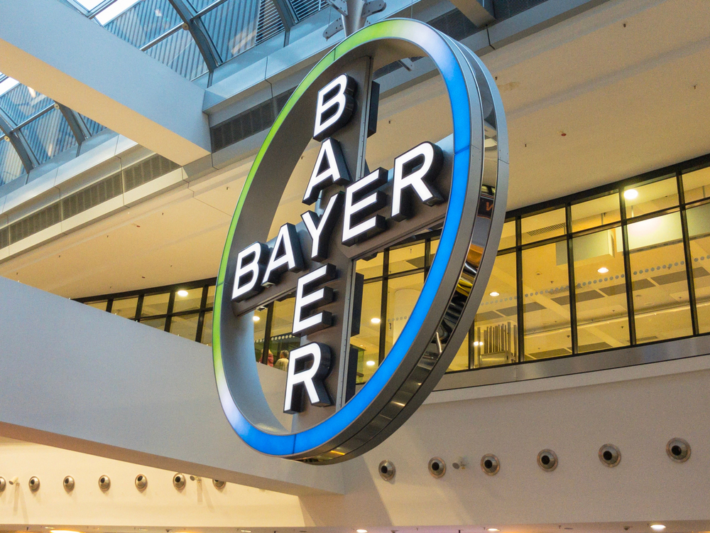 Bayer logo sign in frankfurt international airport