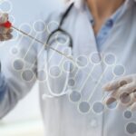 Double exposure of laboratory worker with buccal cotton swab and tube for genetic testing and illustration of DNA structure