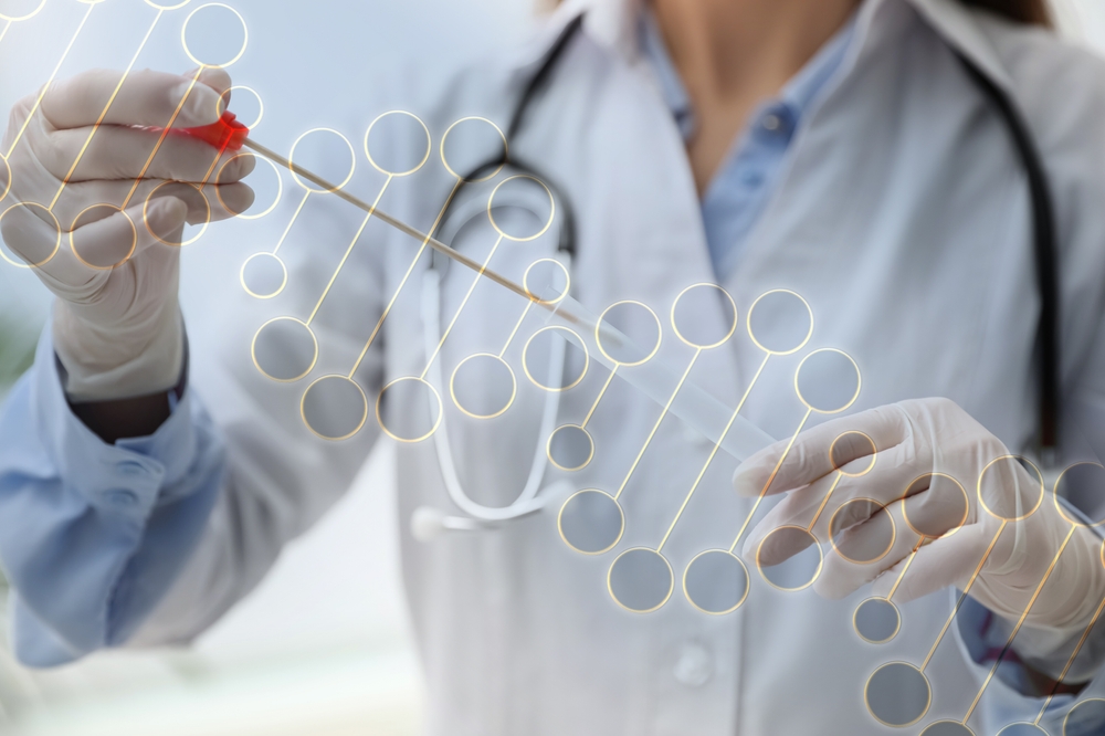 Double exposure of laboratory worker with buccal cotton swab and tube for genetic testing and illustration of DNA structure