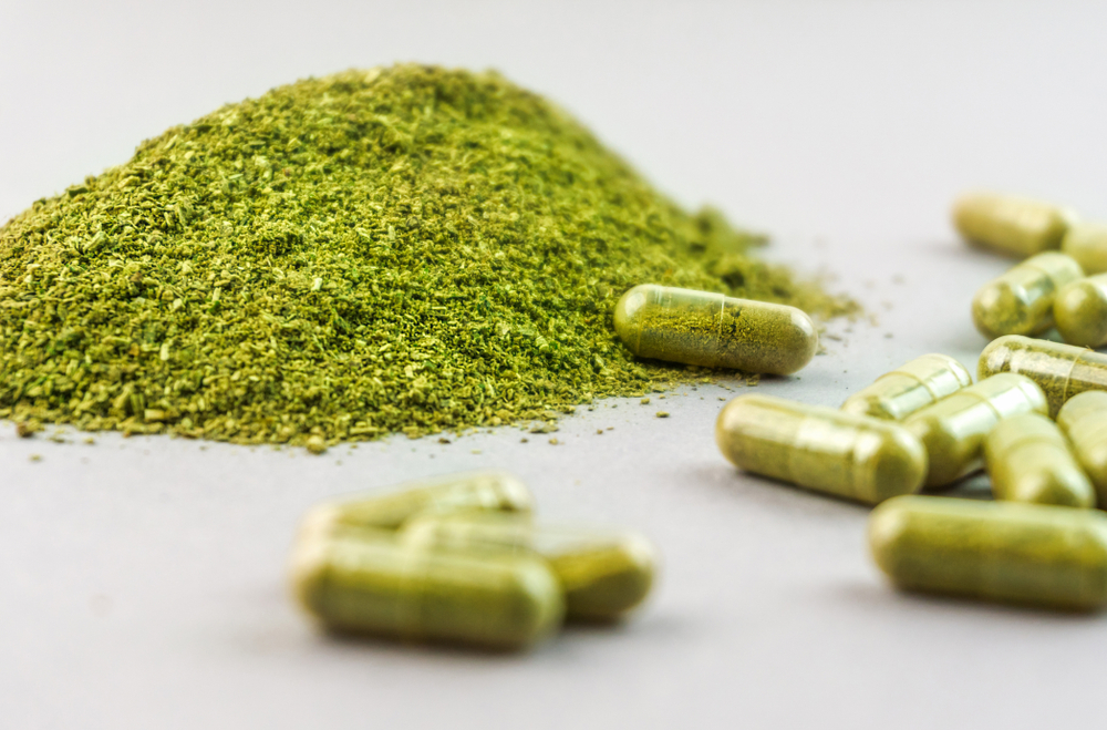Coarse ground Mitragynina speciosa or Kratom powder and Kratom pills on grey background