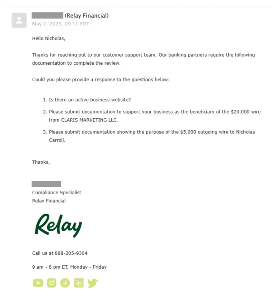Final RFI from Relay, sent May 7, 2025, repeating questions about a transfer between connected businesses and an owner’s draw—all under a single account owned by the same individual.